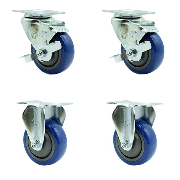 Service Caster 3.5 Inch Blue Polyurethane Swivel Top Plate Caster Set with 2 Brake 2 Rigid SCC SCC-20S3514-PPUB-BLUE-TLB-2-R3514-2 - main
